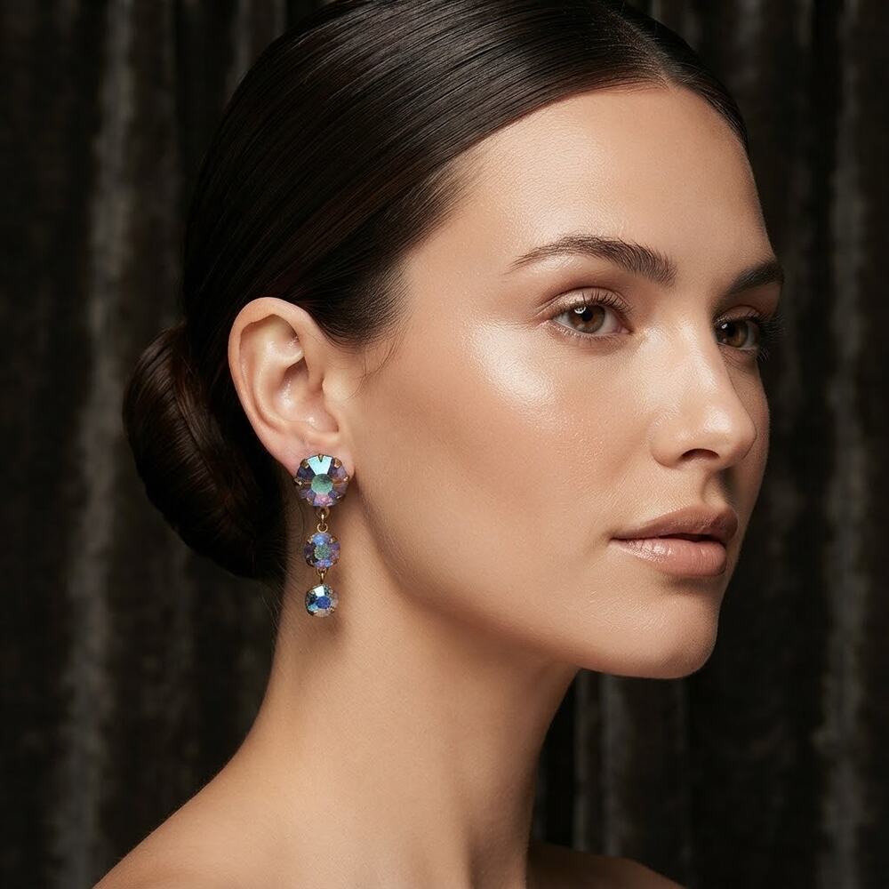 Vintage Aurora Borealis Crystal Drop Clip-On Earrings Retro Glamour